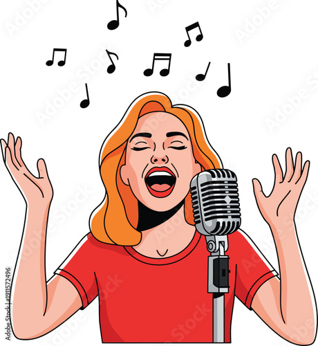 Pop art illustration of a blonde woman in a red shirt singing passionately into a vintage microphone with her eyes closed and hands raised.