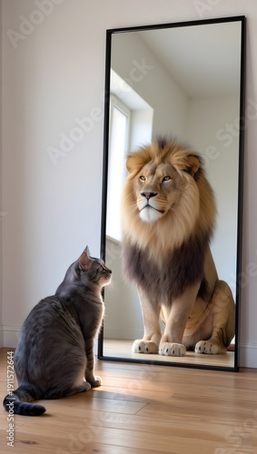 Domestic cat looking into mirror seeing majestic lion reflection for self confidence concept