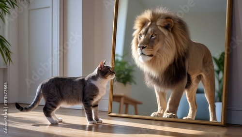 Domestic cat looking into mirror seeing majestic lion reflection for self confidence concept