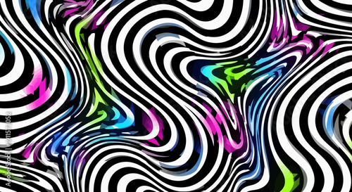 Vibrant psychedelic pattern with swirling lines and colors, creating a dynamic optical illusion, viewed from a straight-on perspective