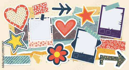 Collage of colorful frames, hearts, stars, and flowers, showcasing a playful graphic design with various shapes and patterns.