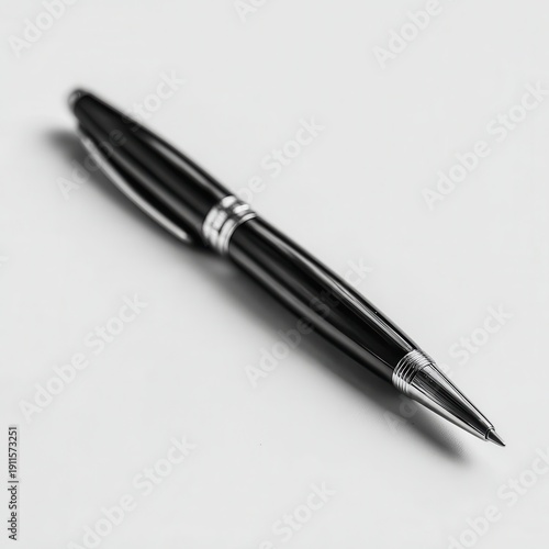 Close view of a black pen placed on a plain white surface during daytime