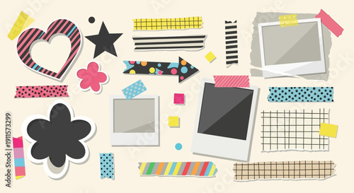 Collage of colorful graphic elements, frames, and patterns in a playful digital art composition