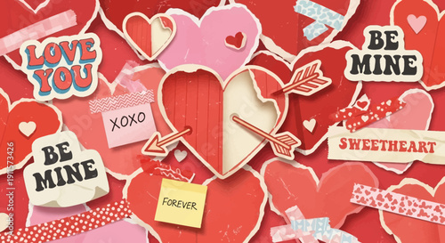 Valentine's Day celebration elements arranged closely together on a red background, viewed from directly above.