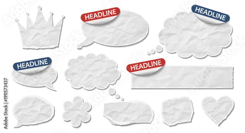 Collection of speech bubbles and thought clouds with headline labels showcasing creative expression and idea sharing in a digital illustration format from a straightforward viewpoint