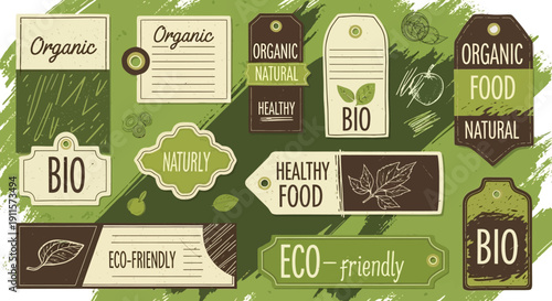 Collection of eco-friendly and organic food labels on a green background, showcasing healthy and natural options in a visually appealing illustration.