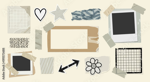 Assorted graphic elements including frames, patterns, and shapes arranged on a pale surface for creative design purposes