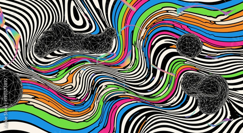 Vibrant Digital Illustration of Swirling Patterns and Shapes, Featuring Black Forms and Multicolored Stripes