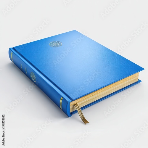 Book with blue cover sitting on a white surface showing a golden bookmark and a seal on the front