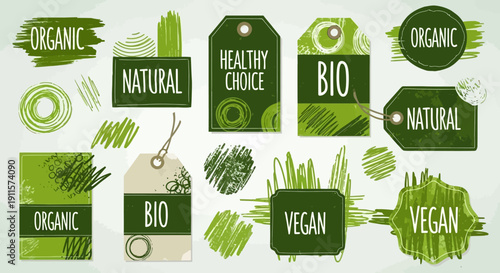 Collection of green eco-friendly labels and tags for organic and vegan products on a light background
