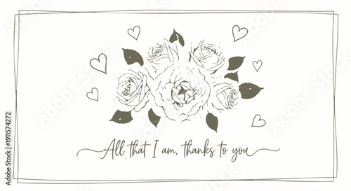 Vector floral greeting card with roses, hearts and thank you message isolated on transparent background