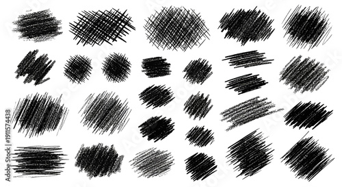 Collection of various black brush strokes and textures on a clean design element, Whisk eps file reference