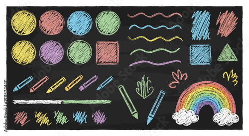 Vibrant Chalkboard Illustration Featuring Rainbow, Shapes, and Colored Pencils in a Playful Educational Setting