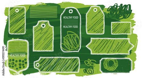 Collection of assorted green labels and tags on a graphic design layout