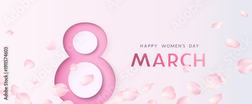 Women's Day card. 8th march banner. Vector number eight in paper cut style with flying flower petals