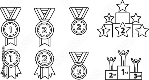 Awards icon set. Award, medal, winner, trophy, competition, first, second, third, rank, success icon in flat linear style.