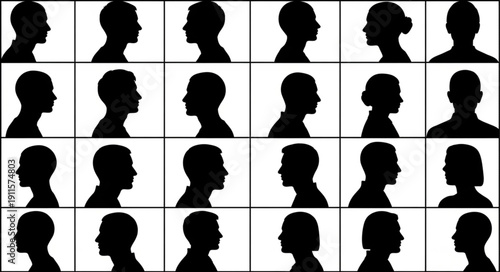 Silhouettes of diverse human profiles in a grid pattern.