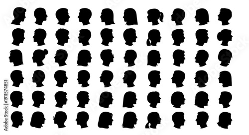 Collection of Diverse Human Head Silhouettes Facing Right.