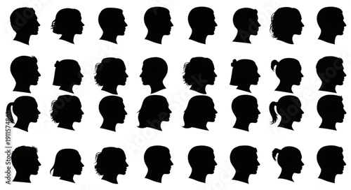 Collection of Diverse Human Head Silhouettes in Profile View.