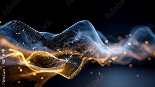 Glowing wavy abstract fluid art with golden and blue light, dark background