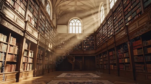 Grand library with tall bookshelves, sunlight beams, arched windows, and a winding staircase