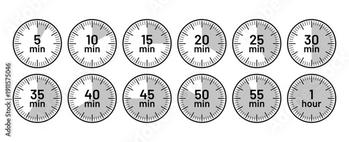 Chronometer deadline in flat design. Cooking indicators. Set of clocks with different minutes. Timer icons. Stopwatches in circle shape. Countdown timer symbols. Vector illustration.