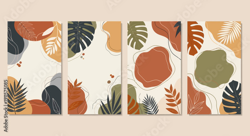 A collection of illustrations featuring leaves and plants in various shapes and colors, presented in a collage style with multiple panels, Whisk reference
