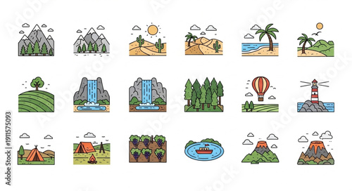Collection of Diverse Landscape Illustrations and Icons.