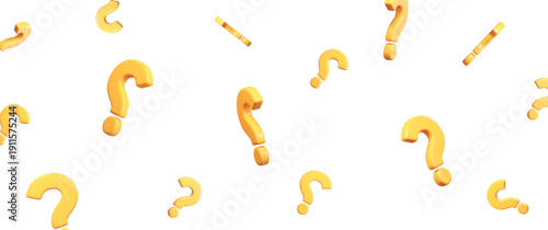 3d flying yellow question mark with different angles. Faq problem solution symbol. Vector illustration on isolated background.