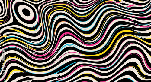 Vibrant, swirling patterns and shapes in a dynamic, abstract illustration viewed from a straightforward perspective.