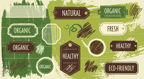Illustration of eco-friendly labels highlighting natural and organic products in a green environment from a top-down viewpoint