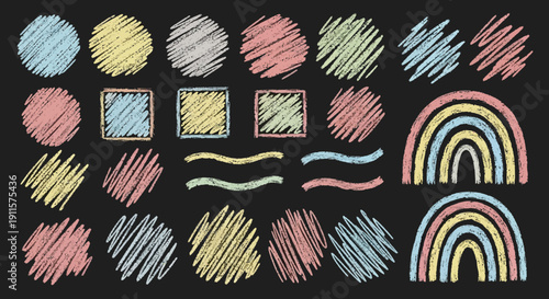 A vibrant collection of hand-drawn shapes and rainbows in a digital illustration