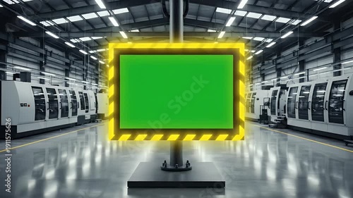 A vibrant green screen display glows in a vast industrial warehouse