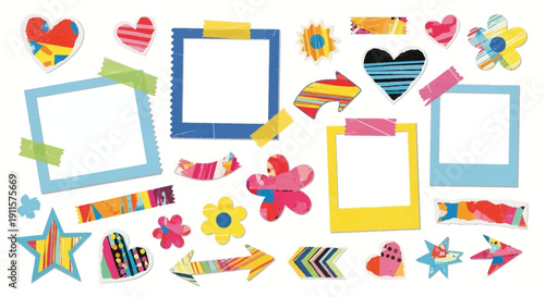 Collection of colorful frames, stickers, and decorative elements arranged in a playful composition on a clean background
