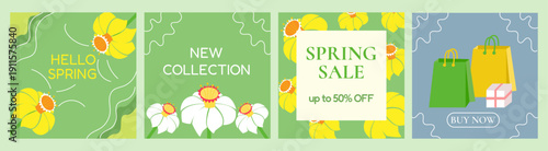 Spring sale vector banners set, collection with yellow color, and white colored narcissus on a green background. Can be used as banner, wallpaper, flyers, instagram posts