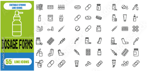 Medicines & Pharmacy Vector Icon Set – Pharmaceutical Dosage Forms, Prescription, Pharmacy, Pharmacist, Online Pharmacy, Antibiotic, Antiviral, Herbal Medicine & Healthcare Icons, Medical Treatment