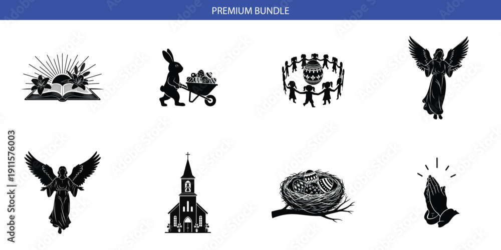 Fototapeta premium Easter and Angel Icon Bundle: Easter Bunny, Praying Hands, Open Book with Flowers, Church, and Angel Silhouettes