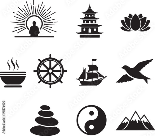Black and white icons of various spiritual and natural symbols