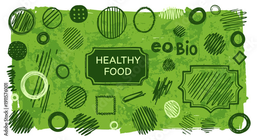 Illustration of healthy food concept with green background and various food items