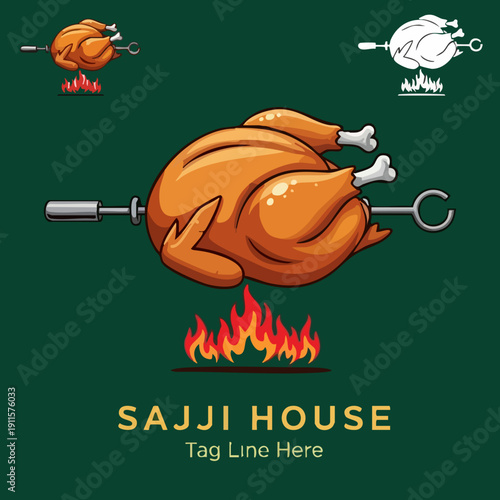 Vector illustration of a golden-brown roasted chicken rotating on a metallic spit above orange flames, isolated on a dark forest green background, perfect for a restaurant logo or menu design.