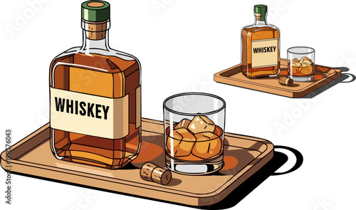Vector illustration of a whiskey bottle with a cork stopper and a glass of amber liquor with ice cubes on a wooden serving tray, isolated on a transparent background.