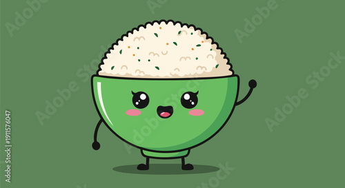 Cute vector illustration of a kawaii rice bowl character with a happy face and waving hand, isolated on a solid dark olive green background.