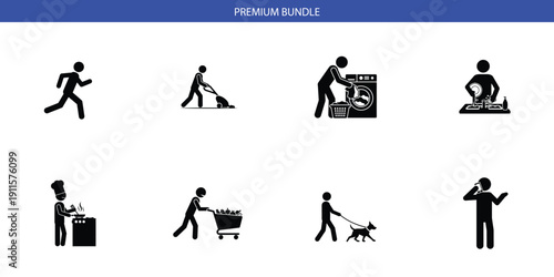 Daily Life Icon Pack: Running, Vacuuming, Laundry, Makeup, Cooking, Shopping, Dog Walking, and Phone Call Silhouettes