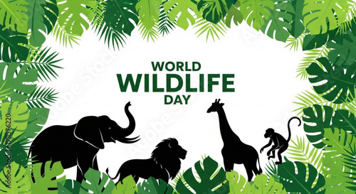 World wildlife day illustration with animal silhouettes and tropical leaves