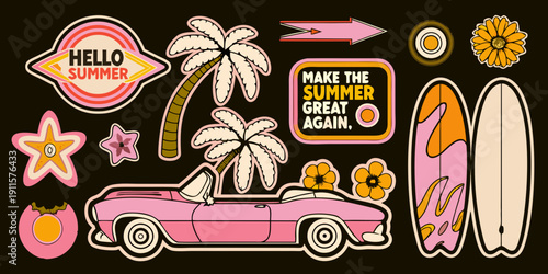 Colorful summer stickers featuring palm trees a car and cheerful slogans