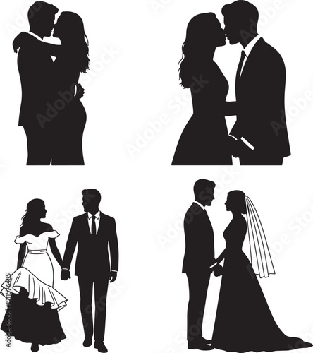 Silhouettes of romantic couples in various loving poses together
