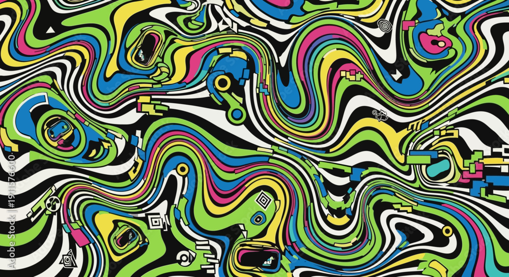 Fototapeta premium Vibrant psychedelic illustration featuring swirling patterns, abstract shapes, and dynamic colors in a mesmerizing artwork from a close-up viewpoint