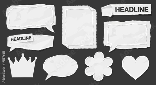 Collection of white speech bubbles and symbols on dark background with headline labels and decorative elements, Whisk_dc83c06743dba9485ad43bf74d81e545dr.eps reference
