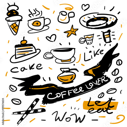 Vector illustration of coffee elements set. Cup mug latte cappuccino beans with steam saucer spoon. Cafe breakfast menu graphic icons