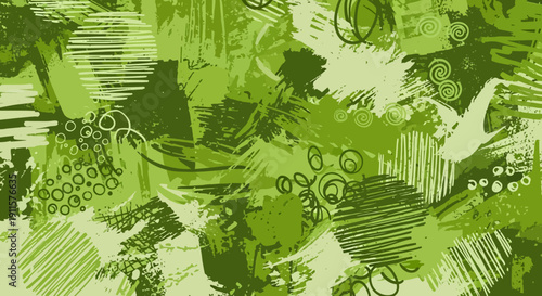 Vibrant green abstract illustration featuring plants, flowers, and foliage in a dynamic, hand-drawn style with Whisk elements, eps file